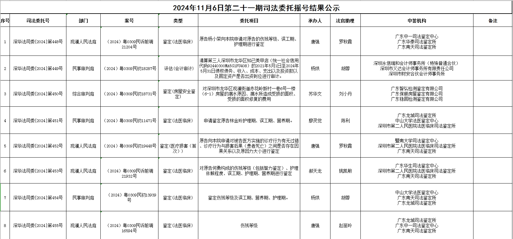 2024年11月6日第二十一期司法委托摇号结果公示